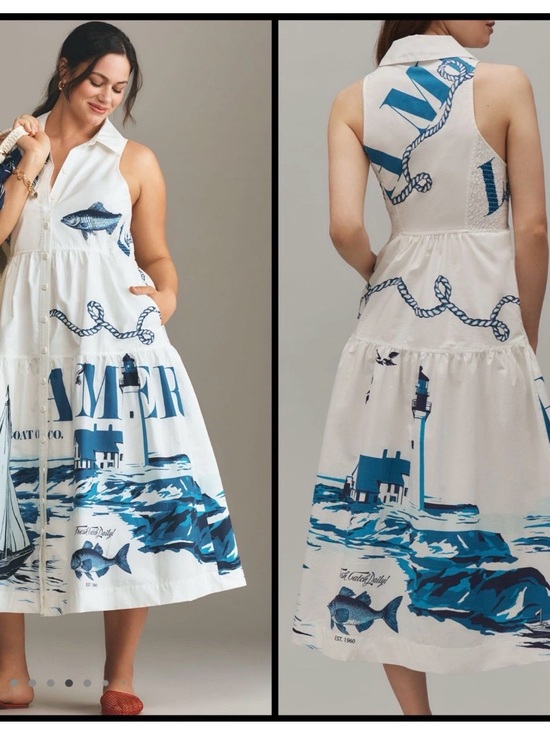 Maeve Dresses & Skirts - Anthropologie Maeve Sleeveless White Nautical Print Midi Dress — Blue Motif